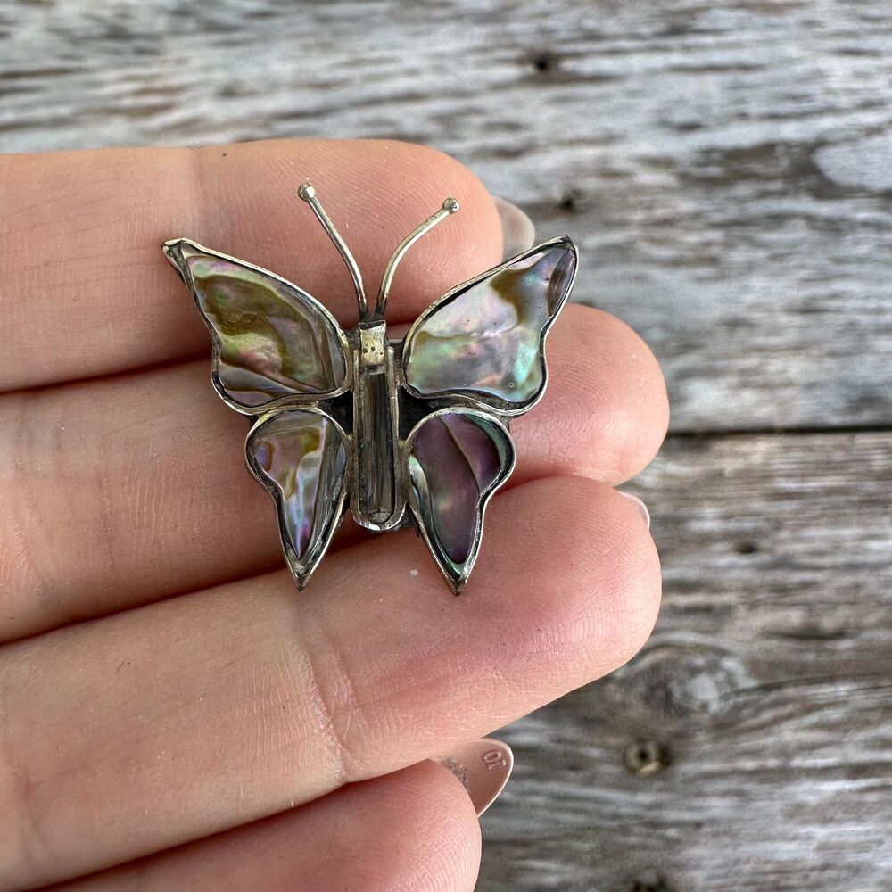 Vintage Alpaca Mexico Silver Abalone Shell Butterfly Inlay Brooch Pin